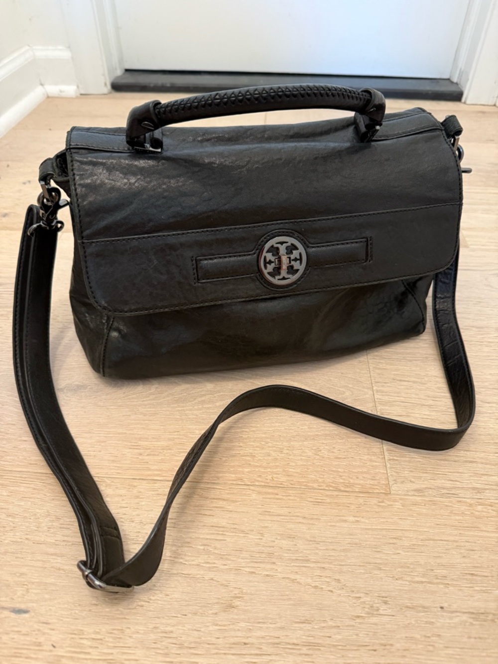 Tory Burch Audra Black Leather Satchel Bag with Top Handle and Crossbody Strap